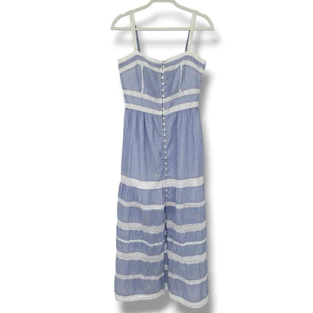 GAP Lace Trim Maxi Dress S Petite Blue Stripe Cotton Button Front Cottagecore - Picture 3 of 16